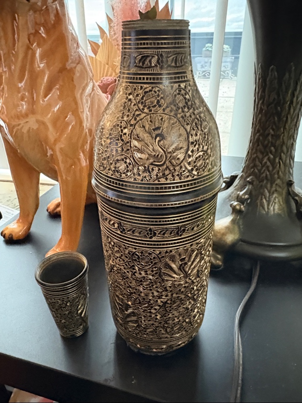 Vintage Ornate Hand Crafted Brass Etched Peacock And Floral Water Or Wine Bottle - Picture 6 of 10